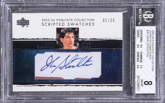 2003-04 UD "Exquisite Collection" Scripted Swatches #JS John Stockton Signed Game Used Patch Card (#01/25) – BGS NM-MT 8/BGS 10